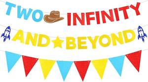 lot 4436 image: Two Infinity and Beyond Banner Toy Inspired Story Birthday Party Decorations with Yellow Blue Red Glitter Triangle Pennant Flag Streamers Photo Prop
