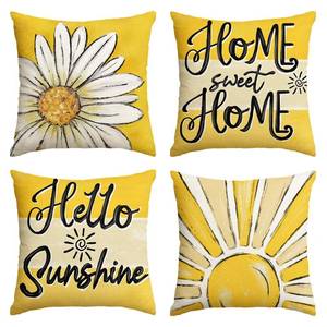 lot 4441 image: AVOIN colorlife Home Sweet Home Daisy Throw Pillow Covers, 18 x 18 Inch Spring Summer Flowers Hello Sunshine Cushion Case for Home Sofa Couch Set of 4