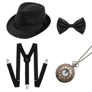 lot 4479 image: Ngdhkd 4Pcs 1920s Mens Gatsby Costume Accessories Include Hat Suspenders Bow-Tie Pocket Watch for Men Halloween Party