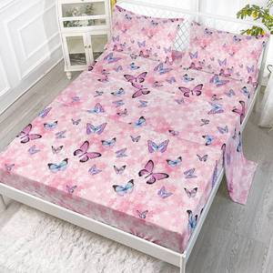 lot 4485 image: Datura home Sheet Set 4Pcs Fitted and Flat Girls Pink Flower Butterfly Printed with 1  2 Pillowcases for (Pink Flower Butterfly Twin) Twin 67x97 inches