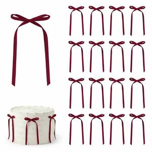 lot 4490 image: 30 Pack Satin Bow Cake Decorations, Pre-Tied Ribbon Bows (3.5 x 6.5 Inch), Delicate Slim Bows for Cake Decorating, Minimal Elegant Dessert Decor � Burgundy