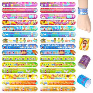 lot 4502 image: LovesTown 48PCS Christian Snap Bracelets, Bible Verses Religious Slap Wristbands Slap Bracelets for Kids Sunday School Gifts Classroom Prizes