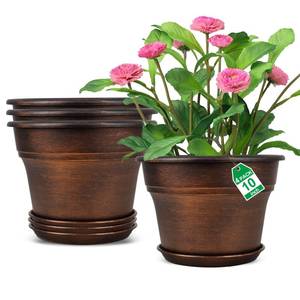 lot 5042 image: Fodetyff 10 Inch Planters Plant Pots Indoor Outdoor, 4 Pack Plastic Flower Pot for Indoor Plants with Drainage Holes and Trays, Resin Decorative Container Sets with Saucer for House Garden Copper