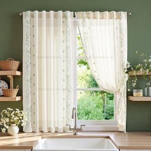 lot 5056 image: jinchan Winslow Linen Curtains 54 Inch Length Small Window Curtains Embroidered Bordered Floral Drapes Light Filtering for Bathroom Laundry Room Kitchen Farmhouse Decor Sage on Beige 2 Panels