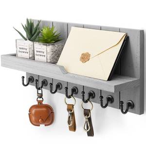 lot 5058 image: Rebee Vision Decorative Key and Mail Holder for Wall - Farmhouse 15 Inches Floating Shelf with 7 Sturdy Key Hooks for Home Entryway Wall Decor - Rustic Key Racks (Gray,15-inch)