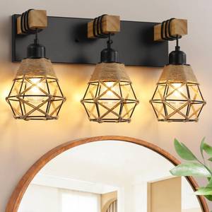 lot 5062 image: LmnLvn Farmhouse Bathroom Light Fixture, 3-Light Black Rattan Vanity Light, Boho Bathroom Light Fixture Over Mirror Rustic Vanity Lighting with Handwoven Shades, Suit for Restroom, Bedroom, Hallway