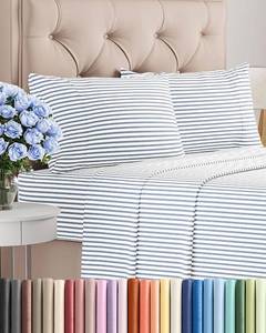 lot 6051 image: King Size 4 Piece Sheet Set - Comfy Breathable and Cooling Sheets - Hotel Luxury Bed Sheets for Women and Men - Deep Pockets, Easy-Fit, Soft and Wrinkle Free Sheets - Blue Stripes Oeko-Tex Bed Sheet Set