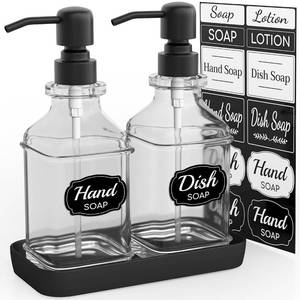 lot 6055 image: LMQML Soap Dispenser - 2 Pack, Antique Design Thick Glass Hand Soap Dispensers with Sturdy Tray 304 Rust Proof Stainless Steel Black Pump, 12Pcs Stickers, for Kitchen, Bathroom