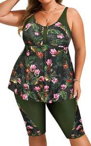 lot 6074 image: Hanna Nikole Plus Size Tankini Swim Suits for Curvy Women Modest Sleeveless Rash Guard with Knee Length Shorts Olive Green Flowers Size 18W