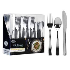 lot 6097 image: Plastic Cutlery Silverware Extra Heavyweight Disposable Flatware, Full Size Cutlery Combo, Polished Silver, 80 Forks, 40 Spoons, 40 Knifes, Value Pack 160 Count