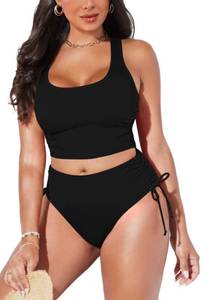 lot 6471 image: Pink Queen Womenfts Scoop Neck Racerback Ruched Crop Top High Waisted Bikini Sets 2 Piece Bathing Suit Swimsuit Black L