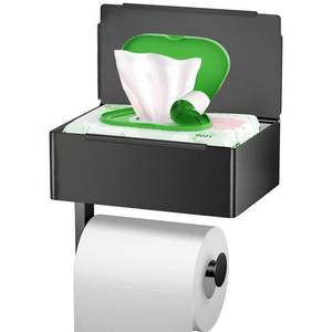 lot 6497 image: Bjiotun Toilet Paper Holder with Shelf - SUS304 Stainless Steel Toilet Paper Storage with Wipes Dispenser and Toilet Paper Roll Holder Wall Mount for Bathroom Storage, No Drill to Install - Matte Black