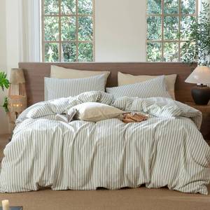 lot 9039 image: MooMee Striped Duvet Cover Set 100percent Washed Cotton Linen Like Textured Breathable Durable Soft Comfy (Sage Green White Classic Stripes, Full 80inx90in)
