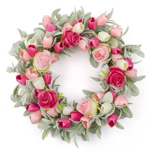 lot 11095 image: Yawwind 20 Inches Spring Wreath for Front Door Farmhouse Summer Door Wreaths Elegant Spring Floral Wreath with Tulips Rose Flocked Lambs Ear for Mother Day Window Porch Indoor Decor
