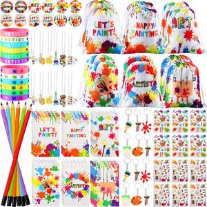 lot 11098 image: Jenaai 102 Pcs Art Paint Party Favor Supplies Set Gift Includes 12 Drawstring Backpacks 12 Bracelets 12 Badges 12 Keychains 18 Spiral Notepads 12 Pencils 12 Stickers 12 Necklaces