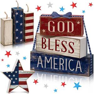 lot 11121 image: Cinnvoice 7 Pcs Patriotic Table Decorations 4th of July Tiered Tray Decor 250th Anniversary God Bless American Centerpiece Red White Blue Wood American Block Sign with Bow for Home(Independence Day)