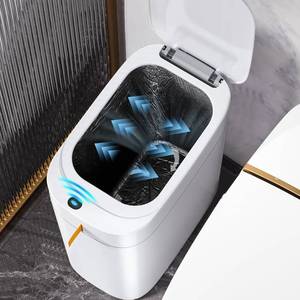 lot 11135 image: MOPUP Bathroom Trash Can, Automatic Bagging Garbage Can, 3.5 Gallon Slim Smart Small Plastic Trash Bin, Narrow Motion Sensor Trash Can for Bedroom, Office White