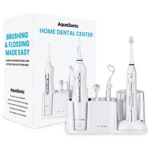 lot 11143 image: AquaSonic Home Dental Center Rechargeable Power Toothbrush and Smart Water Flosser - Complete Family Oral Care System - 10 Attachments and Tips Included - Various Modes and Timers (White)