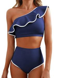 lot 12167 image: Herseas Womenfts One Shoulder Ruffled Bikini Sets Trendy Athletic Swimsuits Tummy Control Full Coverage Ladies Slimming Bathing Suits Navy Blue Cruise Essentials Resort Wear XX-Large