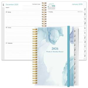 lot 12200 image: 2026 Planner - Planner 2026 from January 2026 - December 2026, Weekly and Monthly Planner Spiral Bound with 12 Monthly Tabs, Inner Pocket, 6.4in x 8.5in, Blue Watercolor