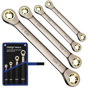 lot 12207 image: DISEN Upgraded 4-Piece E-Torx Double Box Ratcheting Wrench Set, 72-Tooth Black Nickel Plated, Dual Head E6E8E10E12E14E18E20E24 with Storage Pouch