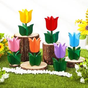 lot 12221 image: Yuntau 6pcs Spring Tulips Wood Signs Rustic Farmhouse Tulip Flowers Table Decoration Retro Tulip Table Centerpiece Tiered Tray Decor Multicolor Tulips Floral Block Tabletop Signs Home Decor(Vibrant)