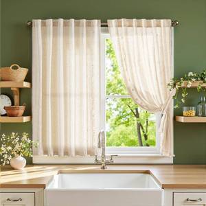 lot 12233 image: jinchan Winslow Linen Curtains 45 Inch Length Small Window Curtains Embroidered Bordered Floral Drapes Light Filtering for Bathroom Laundry Room Kitchen Farmhouse Decor White on Beige 2 Panels
