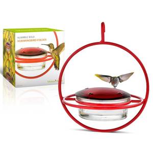 lot 12235 image: Mosaic Birds Hummingbird Feeder for Outdoors Hanging, 3.4 OZ Hummingbird Feeders, Glass Bowl with 4 Feeding Ports, Leak Proof Lid and Circular Perch, Bird Feeder (1, Red) (Red Shade Plate Missing)
