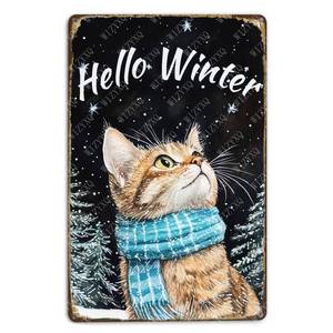 lot 12246 image: WIZYXQ Hello Winter Cat Metal Signs Pine Trees Snowflakes Tin Signs Aluminum Sign for Home Farmhouse Office Outdoor Kitchen 128 Inch