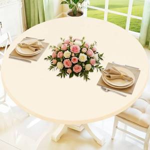 lot 12280 image: Moosfor Round Spandex Tablecloth, Elastic Fitted Waterproof Tablecloths for 36in-44in Tables, Stretch Washable Picnic Table Cover for Camping, Dining, Indoor and Outdoor, Beige