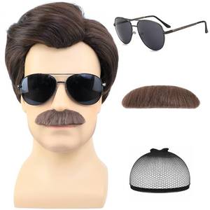 lot 12318 image: AMZCOS Short Brown Men Wig with Msutache and Sunglasses for 70s 80s Costume Cosplay Halloween Party