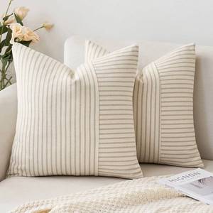 lot 12361 image: MIULEE Khaki and Beige Patchwork Farmhouse Pillow Covers 20x20 Inch, Pack of 2 Striped Linen Decorative Modern Accent Pillow Cases for Sofa Couch Bedroom