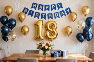 lot 12374 image: 18th Birthday Decorations for Boys, Birthday Banner Number 18 Balloons Metallic Navy Blue Gold Confetti Latex Balloon for Boys Him Son Time to Adult 18 Years Old Birthday Decoration Supplies (18th)