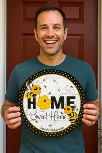 lot 12380 image: Bee Wreath Aluminum Metal Sign � inHome Sweet Homein Round Summer Decor � Waterproof Pre-Drilled Tin Sign for Front Door, Porch, Patio, Kitchen, Garden, Wreath Enhancements 8x8 Inch