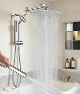 lot 13415 image: Veken All Metal 10in Shower Head with Handheld, Luxurious Square Double Rain Shower Heads,Power Wash Wand,Dual High Pressure Detachable Rainfall Showerhead with Spray Combo,Extension Arm,Chrome,Sliver
