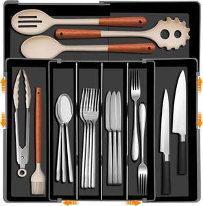 lot 13424 image: Homecor Silverware Organizer - Expandable Kitchen Drawer Organizer, 3in High Utensil Holder, BPA Free Flatware and Cutlery Tray for Spoons Forks Knives, Plastic Kitchen Organizer and Storage, Black