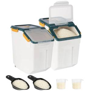 lot 13426 image: MXCELL Rice Container 25 lbs Large Bulk Flour Sugar Storage Holdhouse Plastic Grain Cereal Dry Goods Bin with Spoon and Measuring Cup for Kitchen Pantry Organization - Green