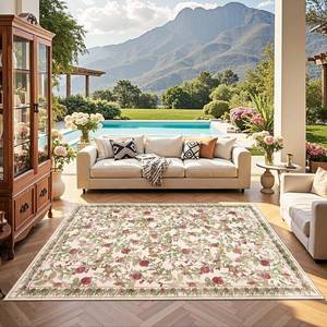 lot 13433 image: jinchan Eden Floral Area Rug 5x7 Washable Vintage Soft Non-Slip Distressed Red Green Carpet Low Pile Accent Rug for Living Room Kitchen Bedroom Dining Room Nursery