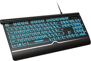 lot 14152 image: TECKNET Large Print Backlit Keyboard, Wired USB-A Computer Keyboard with Wrist Rest, 7-Color Backlit, Oversized Letter Keys Easy to See, Plug-and-Play, Silent, Light Up Keyboard for WindowsPCLaptop