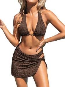 lot 14165 image: CUPSHE Womenfts Bikini Sets Three Piece Swimsuit V Neck Textured Halter Back Self Tie Twist Sarong Low Rise, S Brown