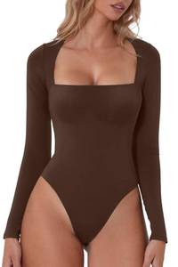 lot 14166 image: QINSEN Sexy Bodysuit for Women Square Neck High Cut Thong Tops Long Sleeve Shirt Coffee Bean S
