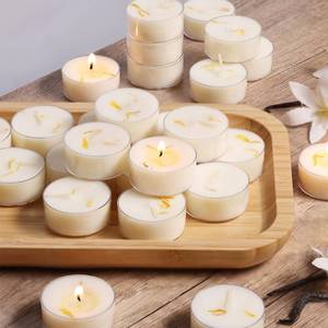 lot 14199 image: Vanilla Scented Tealight Candles, 48 Pack- Extended 4-5h Clear Cup Scented Tea Lights with Handmade Floral Surface, 100percent Natural Palm Wax Tealights Smokeless for Home Cozy Night, Holidays