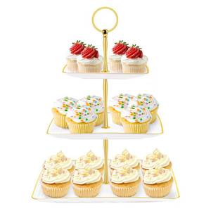 lot 14206 image: Hoedia 3 Tier Cupcake Stand Tower, Plastic White Cup Cake Holder for Dessert stands, Tiered Serving Tray for Tea Party, Birthday Party, Wedding Decor and Baby Shower(Square)