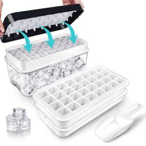 lot 14217 image: Ice Trays for Freezer with Lid and Bin, Ice Cube Tray Making 64 pcs Ice Cubes, Easy Press to Release Ice, Ice Tray with Storage Bin Chilling Cocktail Whiskey Coffee 2 Trays 1 Ice Bucket and Scoop (Black)