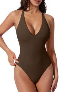 lot 14294 image: SUUKSESS Women Sexy Low Back One Piece Swimsuit Slimming Tummy Control Bathing Suit V Neck High Cut Swimwear (Deep Brown,S)