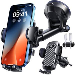 lot 14313 image: YRU True Military-Grade 360° Rotation Suction 2026 Ultimate Car Phone Holder Mount 90LBS Safest Strongest and Patent Certs Dash Windshield Vent for iPhone 17 16 Pro Max Speaker Stands, Gloss Black