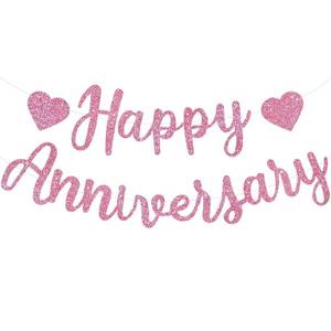 lot 14318 image: BEISHIDA Pink Happy Anniversary Banner, Pre-Strung - Glitter Happy Anniversary Banner,NO DIY - Glitter Garland Sign for Wedding Engagement Party Decorations and Decor