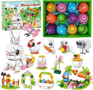 lot 14358 image: 3.5inPrefilled Easter Eggs with Easter Bunny Building Blocks Toy Set - 12 in 1 Rabbit Building Kit, Easter Basket Stuffer Egg Hunt Party Favors Classroom Prizes Filled Easter Egg Gift for Kids Boy Girl