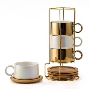 lot 14363 image: LUKA Porcelain Espresso Cup with Saucers and Metal Stand - 6 Ounce Stackable Ceramic Demitasse Espresso Mugs Cappuccino Cups Set for Latte, Coffee, Cafe Mocha, Tea - Set of 4,Shimmer Golden
