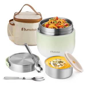 lot 14375 image: Bumotse 40oz Insulated Food Jar with 2 Compartments, Leak-Proof Thermo for Hot Food Wide Mouth Stainless Steel Includes Spoon and Fork Soup Thermo Lunch Containers Bento Box for AdultsGreen